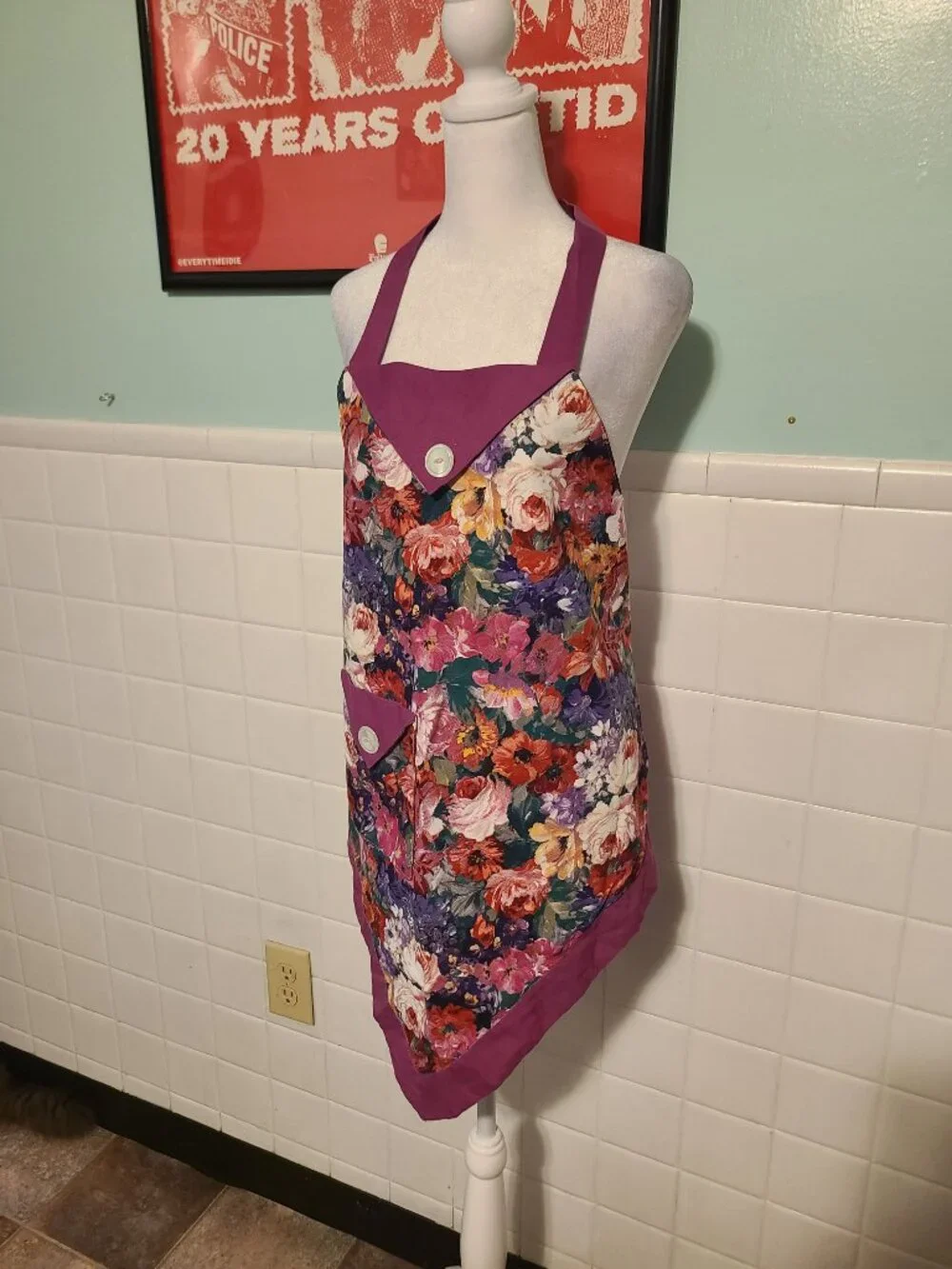 Vintage Handmade Colorful Purple Button Floral Apron Artist Baking Cottagecore